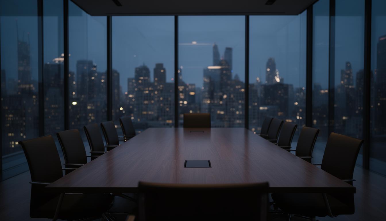 An empty boardroom table at dusk with city lights beyond the glass