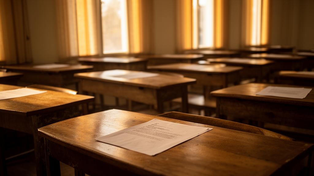 Rows of empty exam desks in a hall lit by afternoon light