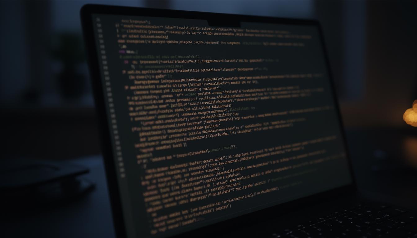 A developer terminal glowing amber on a dark desk at night