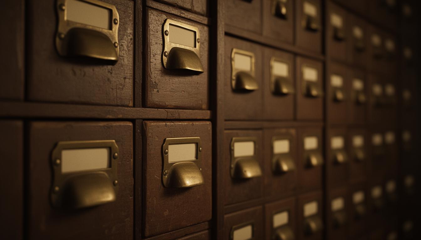 A wall of library card catalogue drawers with brass label holders