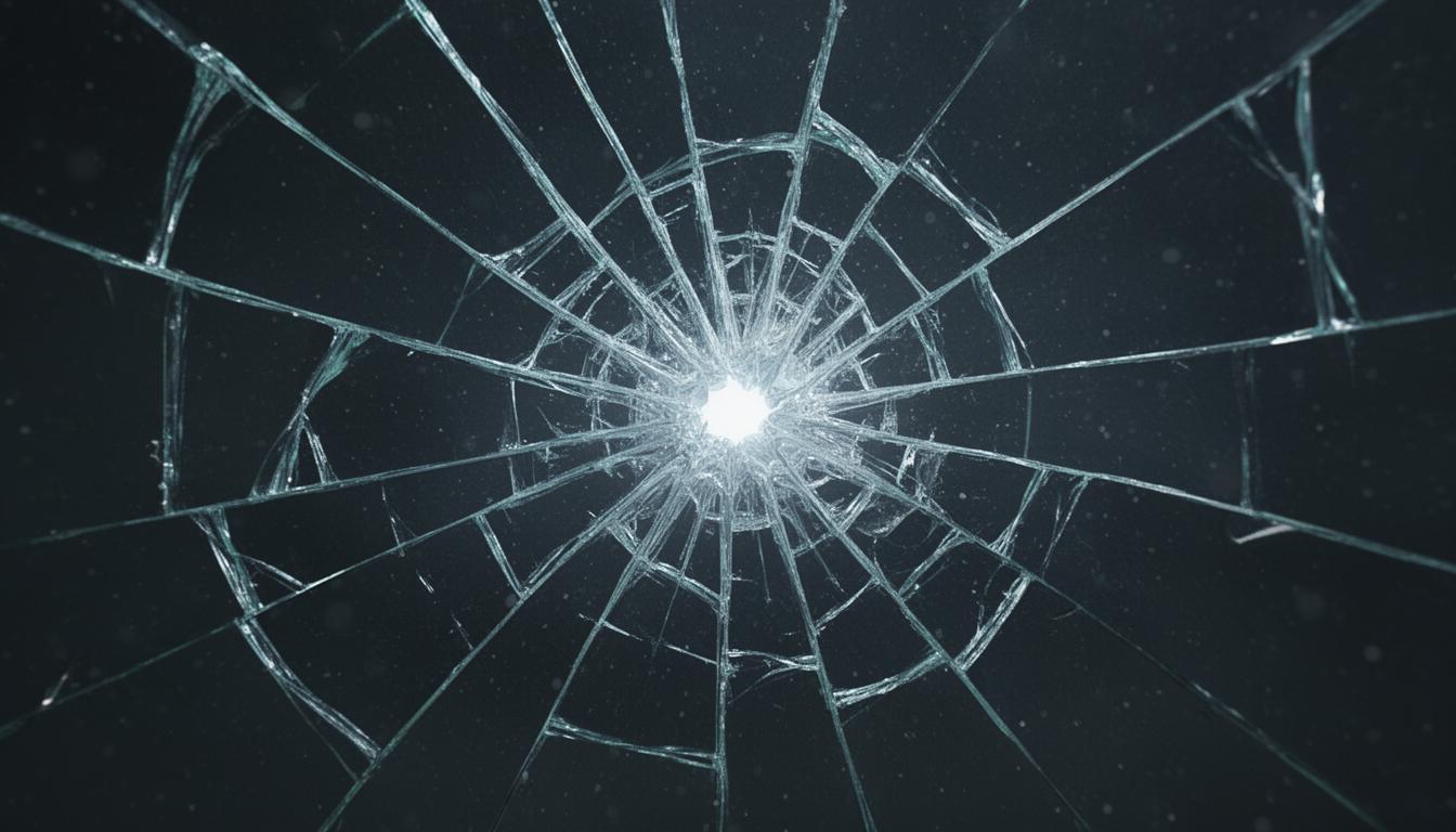 A cracked pane of safety glass with light behind the fracture